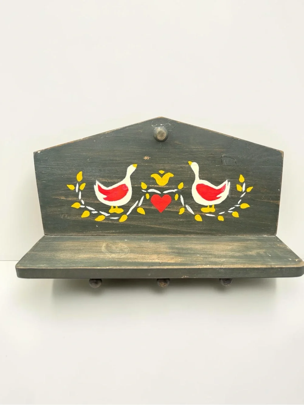 Vintage 80s Wooden Shelf w/ Pegs & Hand Painted Geese & Hearts Rack Trinket EUC